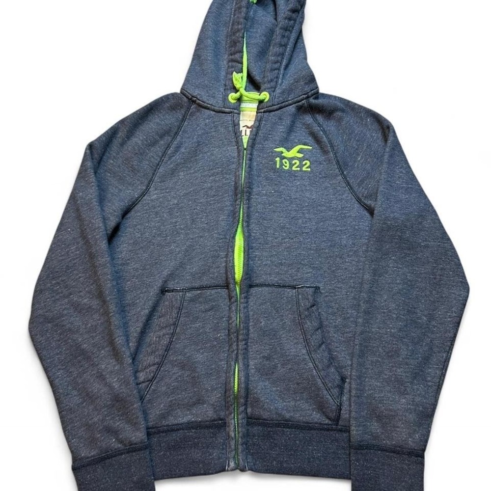 Hollister Hoodie Womens Large Blue Full Zip Y2K Yellow Drawstring 1922 Logo